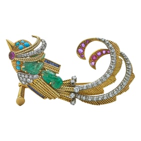 Midcentury 18K Yellow and White Gold, Diamond and Gem Set Bird Brooch