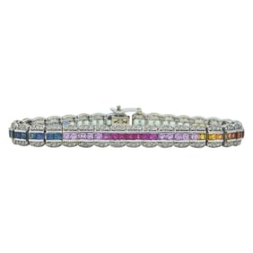 14K White Gold Rainbow Sapphire and Diamond Tennis Bracelet