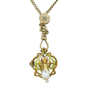 Art Nouveau 18K Yellow Gold Convertible Pearl and Enamel Pendant/Brooch and Adjustable Length 14K