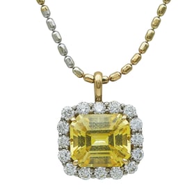 14K Yellow and White Gold Chain with a Emerald Cut Yellow Sapphire and Diamond Pendant