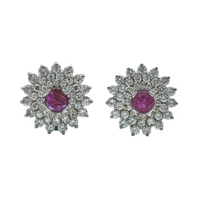 18K White Gold Ruby and Diamond Starburst Halo Earrings