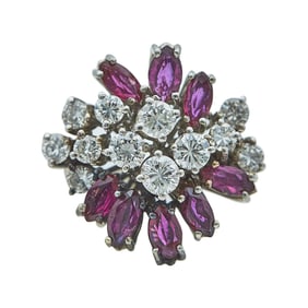 18K White Gold Ruby, and Diamond Cluster Ring