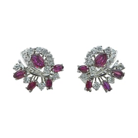 18K White Gold Ruby and Diamond Cluster Earrings