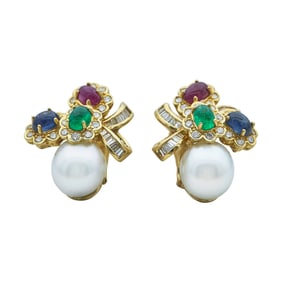 18K Yellow Gold Cultured Pearl, Ruby, Emerald, Sapphire and Diamond Floral Drop Earrings