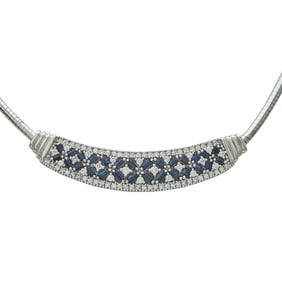 14K White Gold Diamond and Sapphire Plaque Necklace