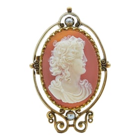 18K/14K Yellow Gold Carved Stone Cameo and Seed Pearl Brooch Pin