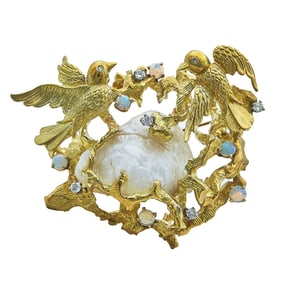 18K Yellow and White Gold, Baroque Pearl, Opal, and Diamond Bird's Nest Brooch Pin