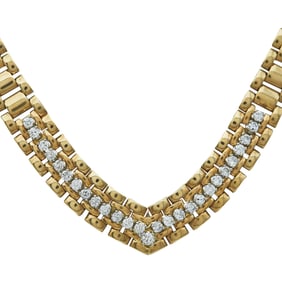14K Yellow Gold and Diamond V-Shaped Brick Link Collar Necklace