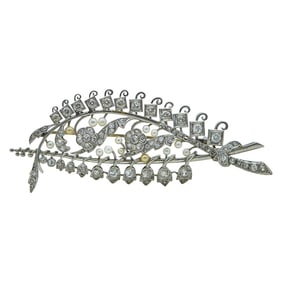 Art Deco Platinum, Diamond, and Pearl Leaf Brooch Pin