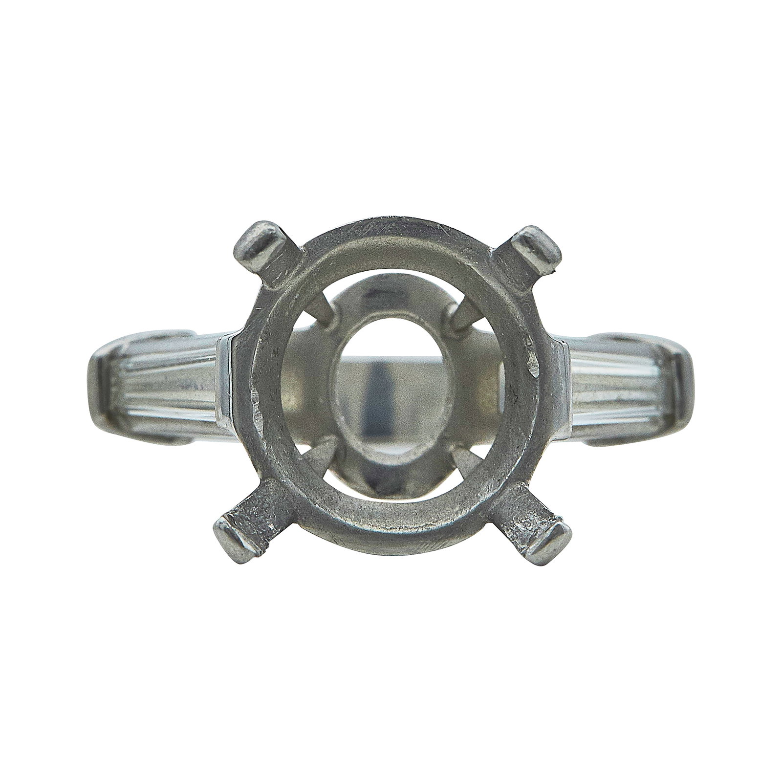 Platinum and Diamond Engagement Ring Setting: METAL: Platinum; APPROXIMATE TOTAL DIAMOND WEIGHT: 0.48 ctw; STAMPED: PLAT; CONDITION: Pre-owned, Good; ITEM WEIGHT (GRAMS): 8.56 g; MEASUREMENTS: Ring size 5, Center will fit approx. 10.50mm round st