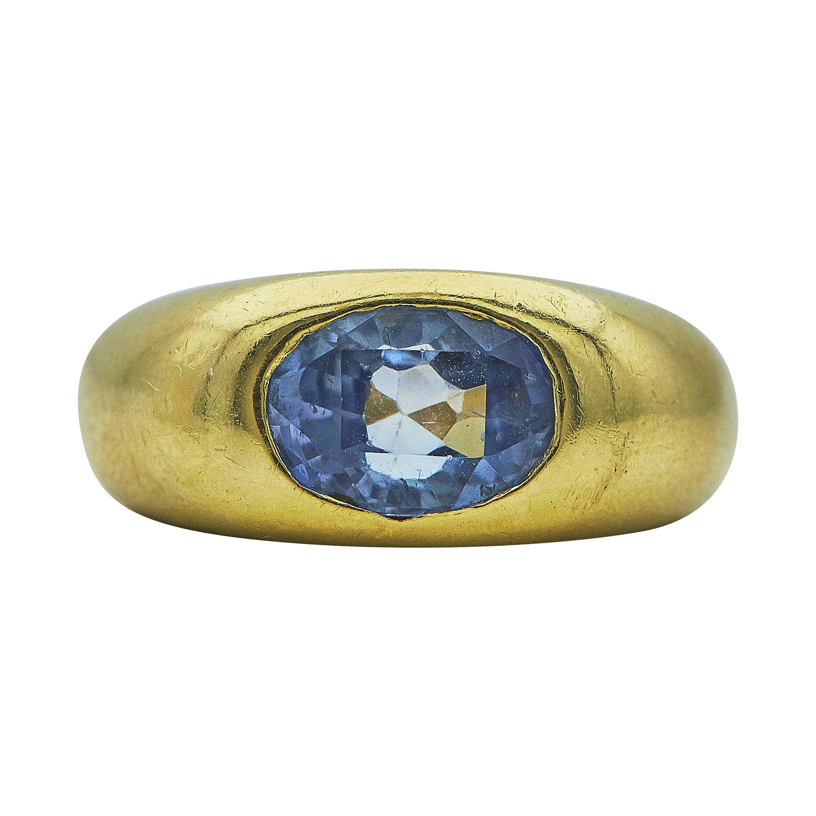 18K Yellow Gold and Oval Cut Sapphire Ring: METAL: 18K Yellow Gold; GEMSTONES: Sapphire approx. 2.55 carats, Light chips and abrasions and crown facets; TESTED: 18K Yellow Gold; CONDITION: Pre-owned, Good; ITEM WEIGHT (GRAMS): 13.14 g; MEASUREM