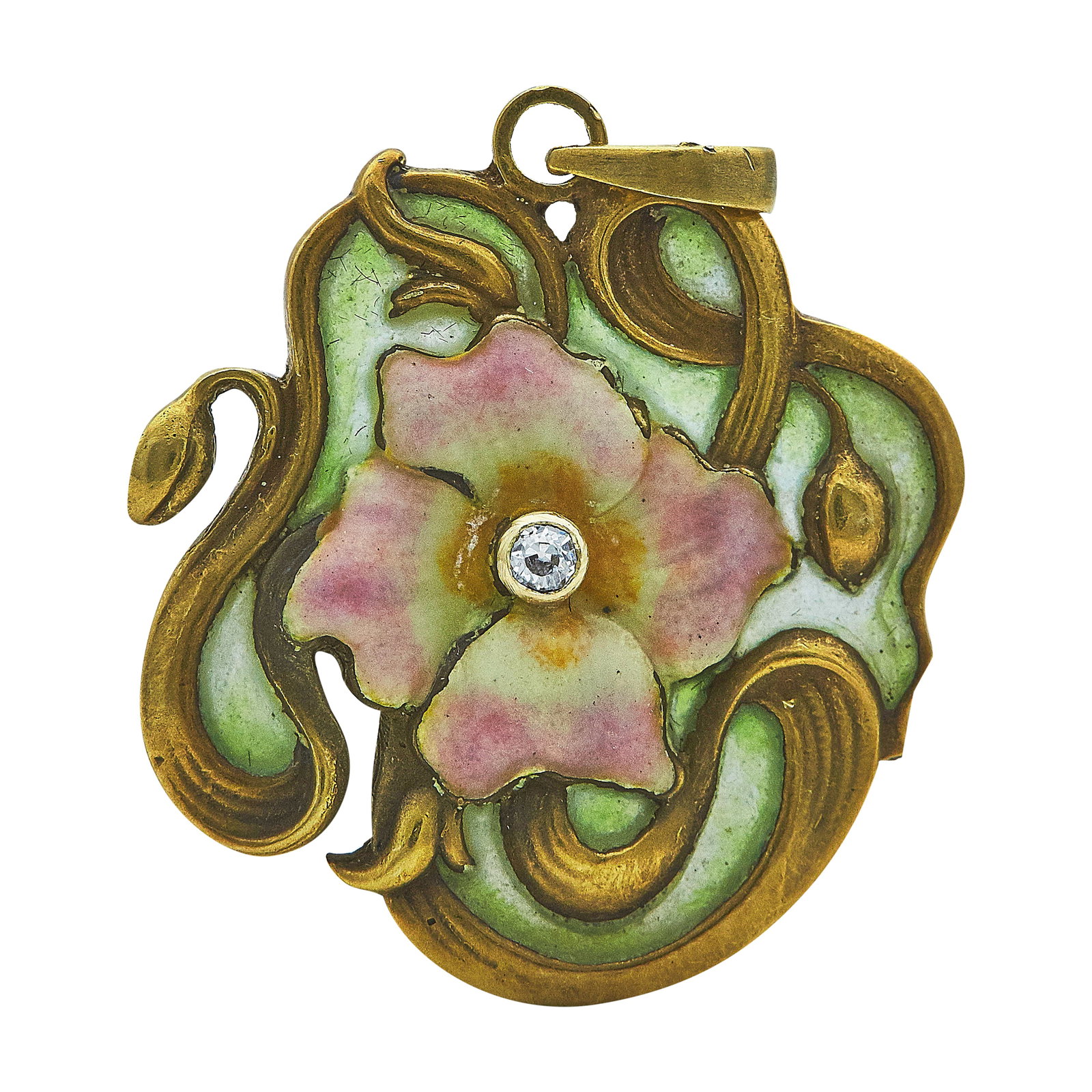 Art Nouveau Style 18K Yellow Gold Enamel, and Diamond Flower Pendant: METAL: 18K Yellow Gold; APPROXIMATE TOTAL DIAMOND WEIGHT: 0.04 ctw; GEMSTONES: Enamel; TESTED: 18K Yellow Gold; CONDITION: Pre-owned, Very Good; ITEM WEIGHT (GRAMS): 10.64 g; MEASUREMENTS: Pendant 1 3