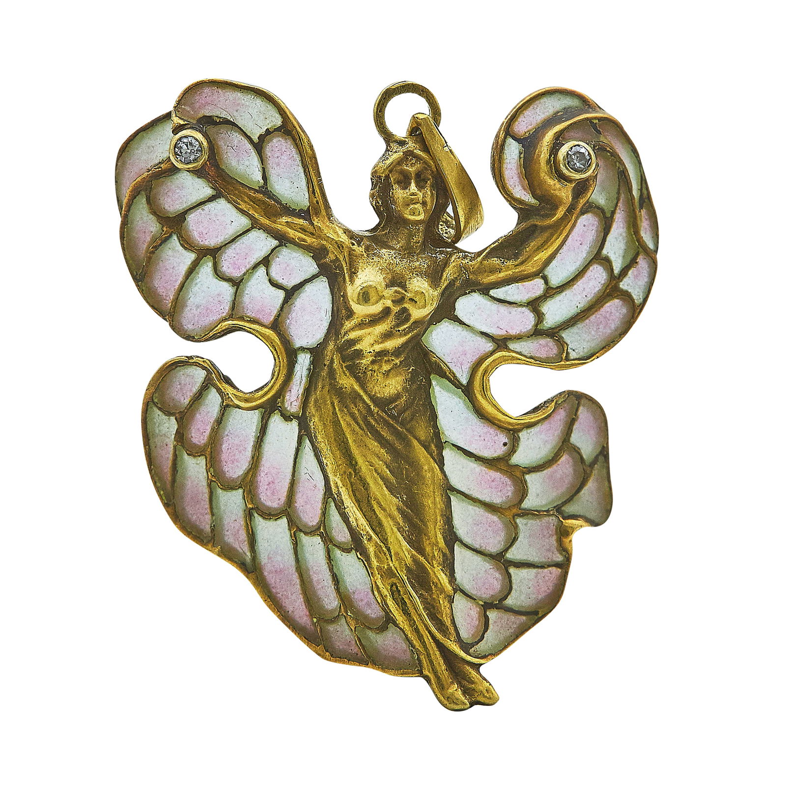 Art Nouveau Style 18K Yellow Gold Enamel and Diamond Pendant: METAL: 18K Yellow Gold; APPROXIMATE TOTAL DIAMOND WEIGHT: 0.03 ctw; GEMSTONES: Enamel; TESTED: 18K Yellow Gold; CONDITION: Pre-owned, Good; ITEM WEIGHT (GRAMS): 9.6 g; MEASUREMENTS: Pendant 1 3/4 inch