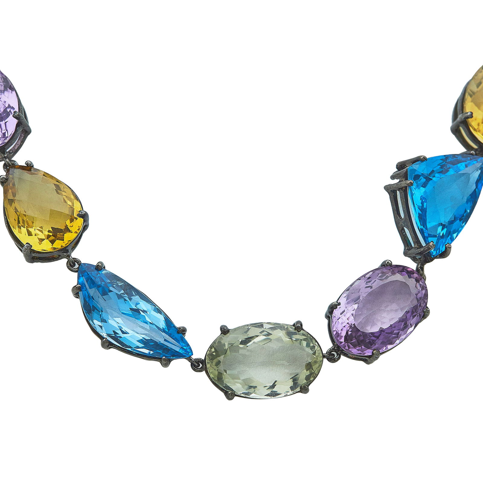 Blackened Silver Amethyst, Blue Topaz, Citrine and Prasiolite Necklace: METAL: Silver; GEMSTONES: Amethyst, Citrine, Blue Topaz and Prasiolite; STAMPED: 925; TESTED: Silver; CONDITION: Pre-owned, Good; ITEM WEIGHT (GRAMS): 157 g; MEASUREMENTS: Necklace is approx, 20 inche