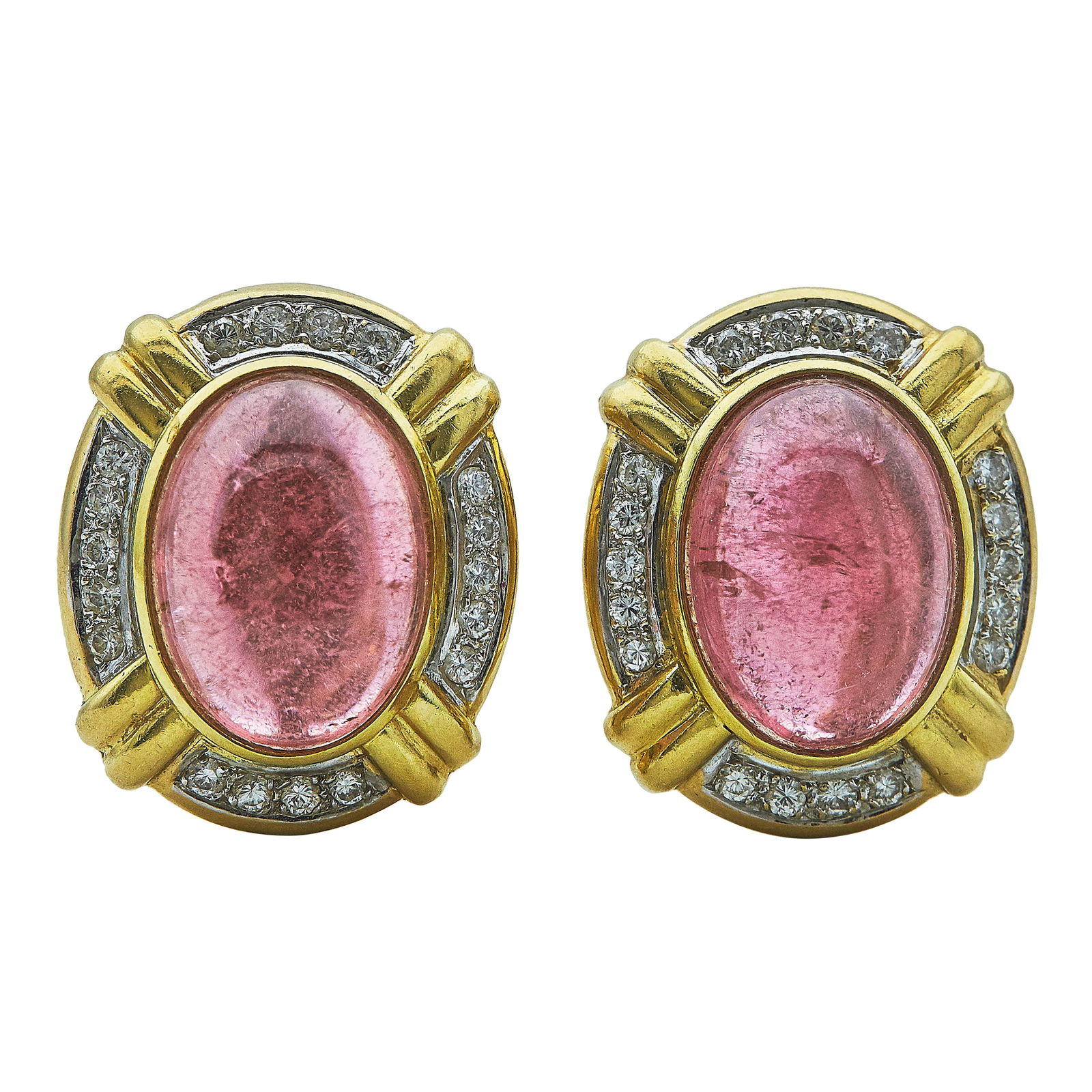 18K Yellow and White Gold, Oval Cabochon Tourmaline, and Diamond Earrings (1 of 3)