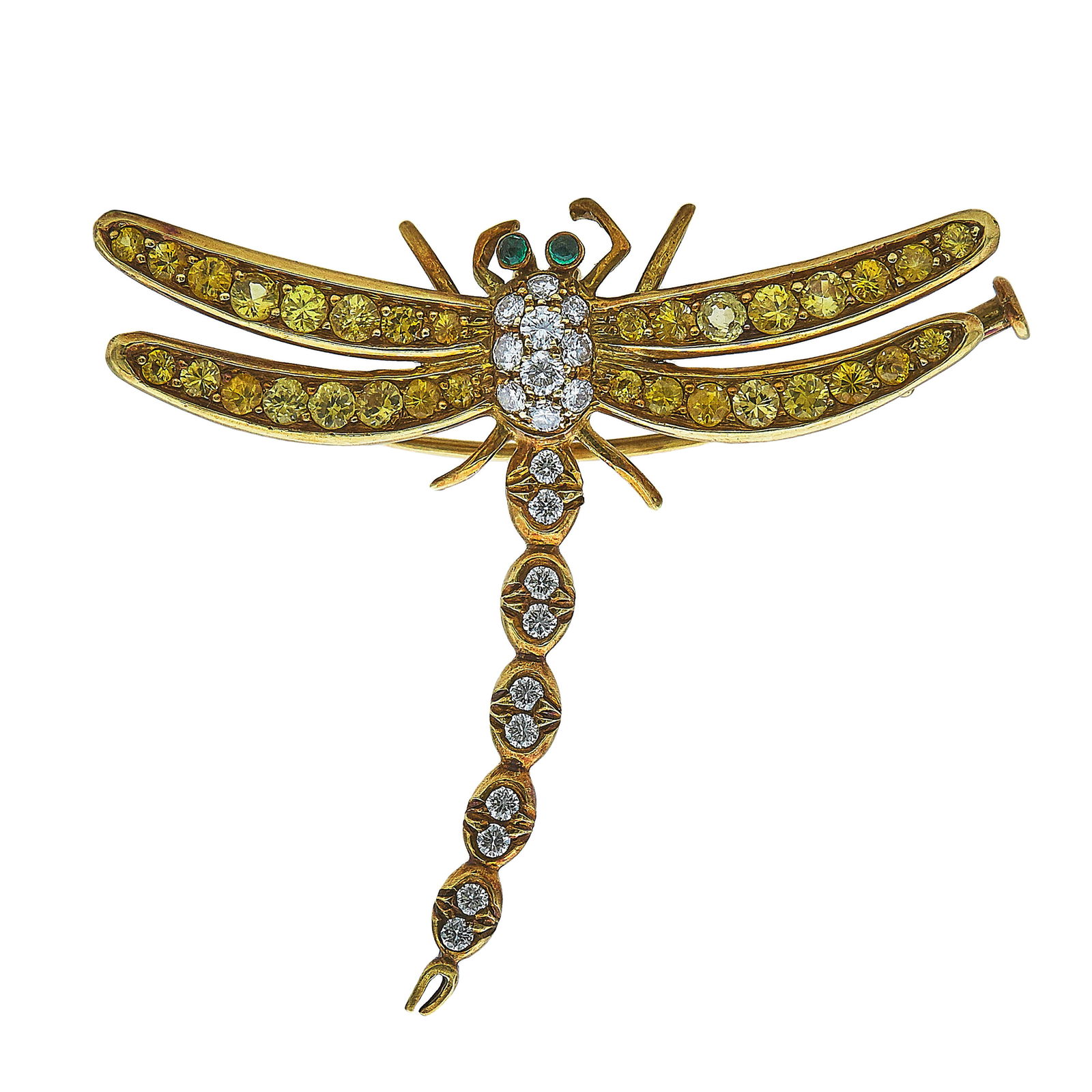 18K Yellow Gold Diamond, Emerald, And Yellow Sapphire Dragonfly Convertible Pendant / Pin: METAL: 18K Yellow Gold; APPROXIMATE TOTAL DIAMOND WEIGHT: 0.75 ctw; GEMSTONES: Two emerald cabochons weighing approx. 0.08 carats; yellow sapphires weighing approx. 2 carats total weight; TESTED: 18K