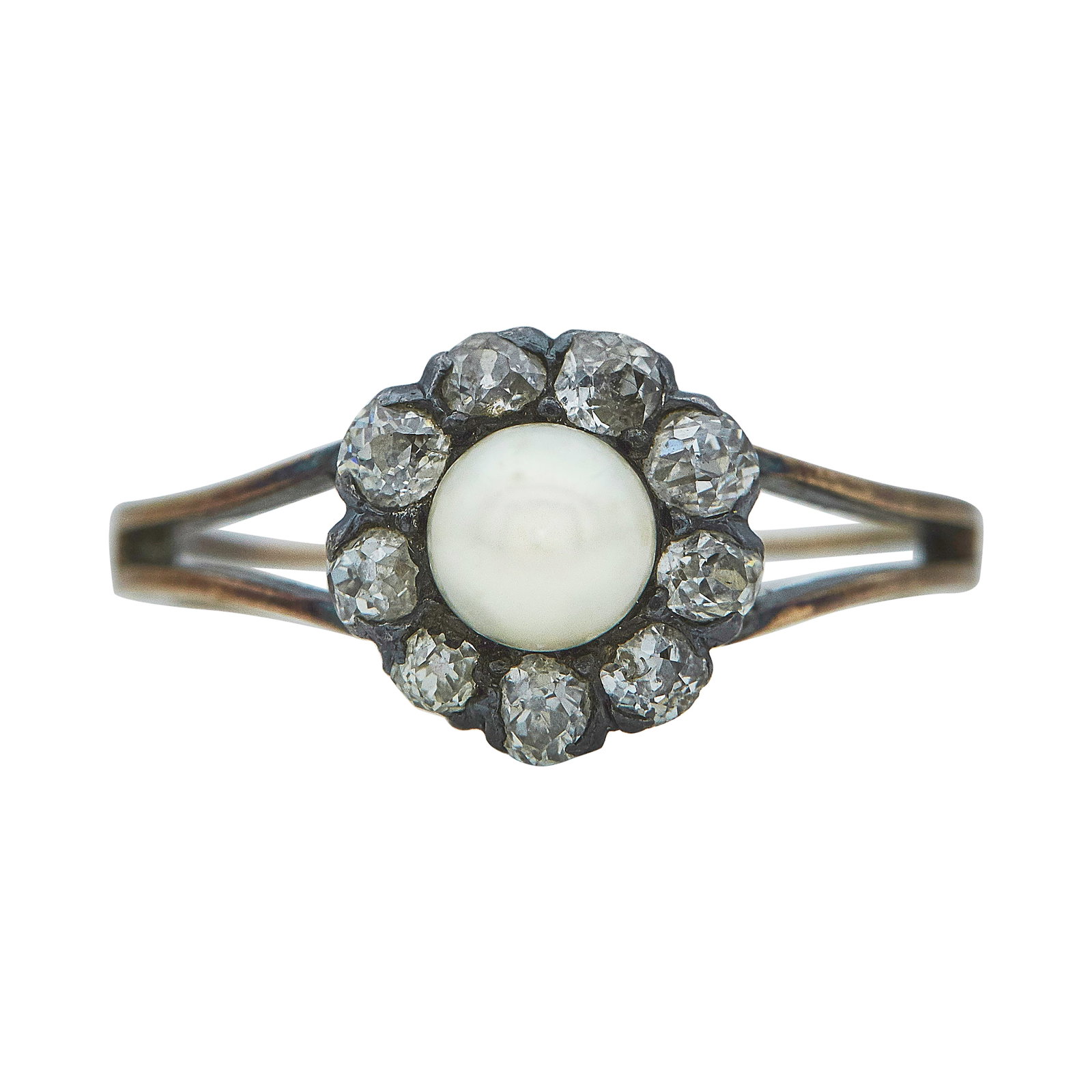 18k Rose Gold And Silver Topped Pearl And Diamond Halo Ring (1 of 3)