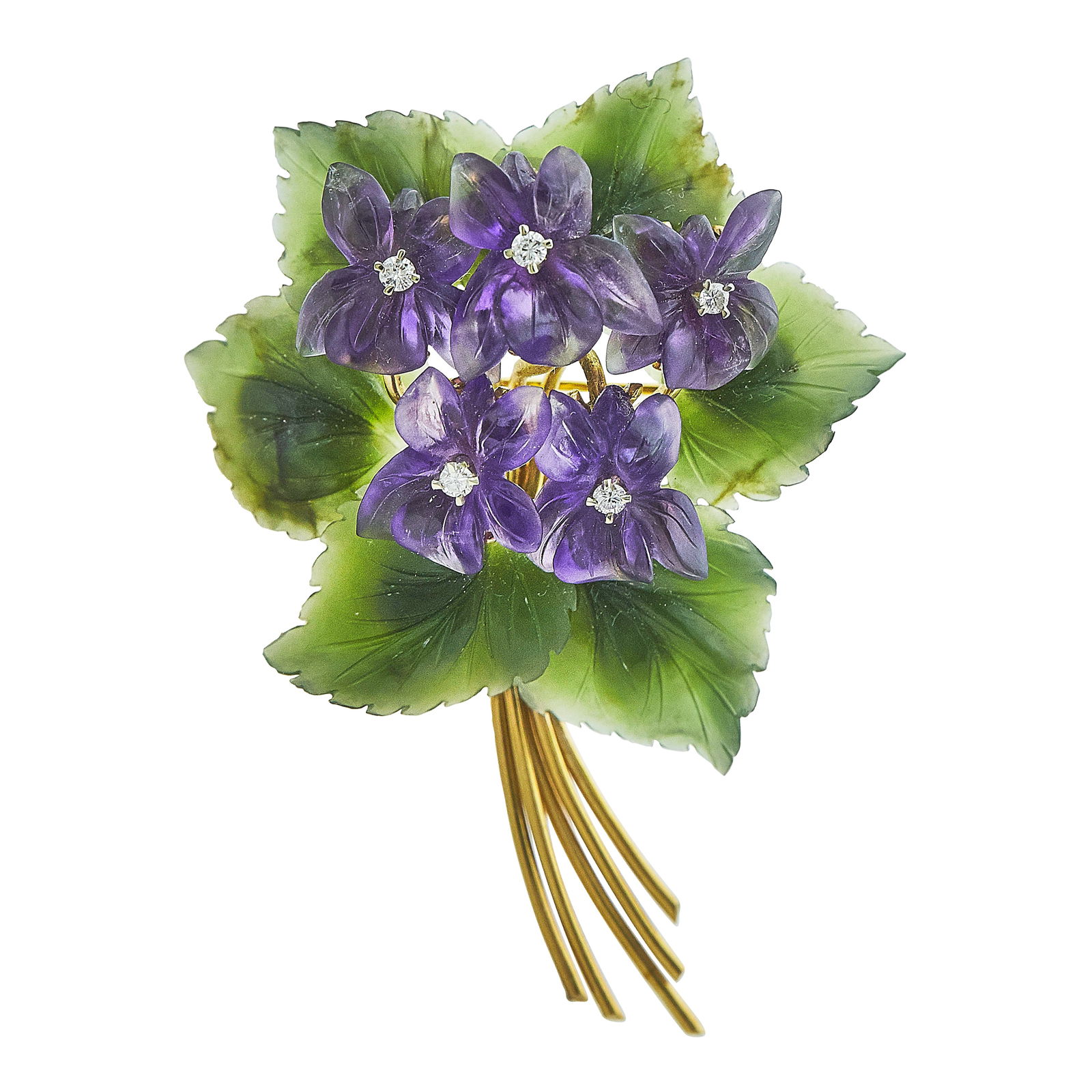 18K Yellow Gold Carved Nephrite Jade and Amethyst Violet Bouquet Flower Brooch Pin: METAL: 18K Yellow Gold; APPROXIMATE TOTAL DIAMOND WEIGHT: 0.20 ctw; GEMSTONES: Carved amethyst and nephrite jade; STAMPED: 750, scratched numbers; CONDITION: Pre-owned, Very Good; ITEM WEIGHT (GRAMS):