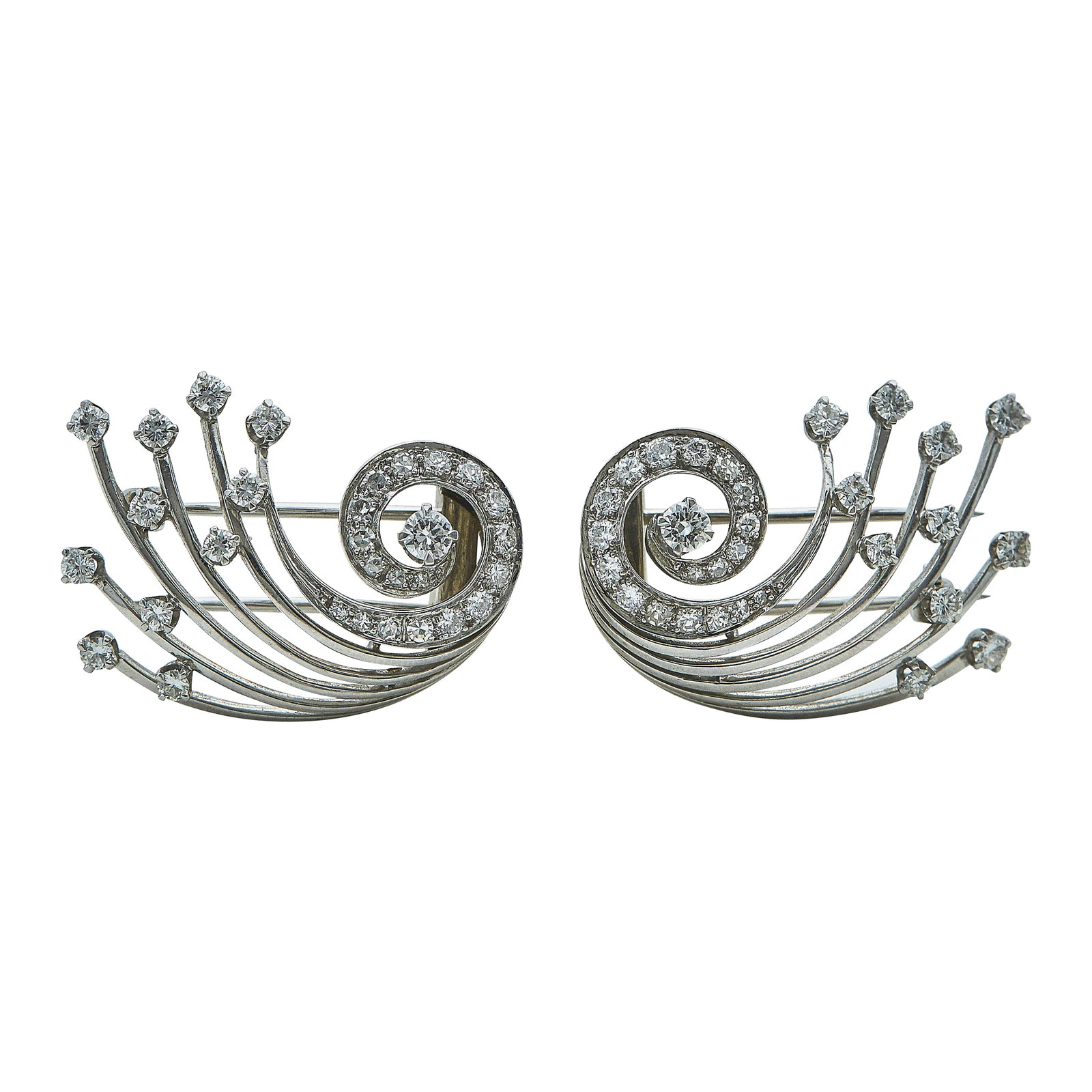 Art Deco Platinum and Diamond Openwork Dress Clips: METAL: Platinum; APPROXIMATE TOTAL DIAMOND WEIGHT: 1.89 ctw; TESTED: Platinum; CONDITION: Pre-owned, Very Good; ITEM WEIGHT (GRAMS): 18.5 g; MEASUREMENTS: Dress clips each 1 1/8 inch long x 7/8 inch w