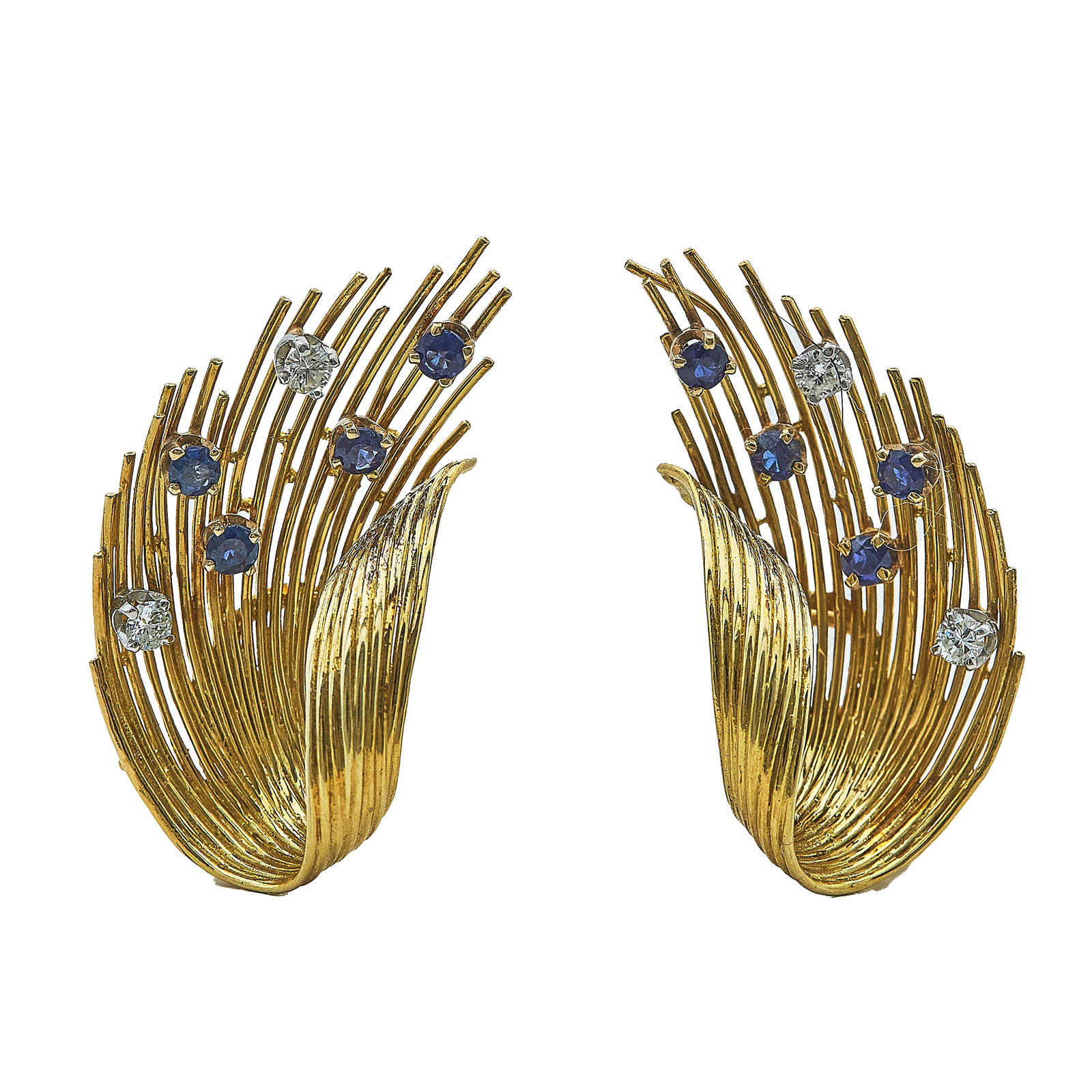 18K Yellow Gold, Sapphire, and Diamond Scroll Earrings: METAL: 18K Yellow Gold; APPROXIMATE TOTAL DIAMOND WEIGHT: 0.40 ctw; GEMSTONES: Sapphire; STAMPED: 18K; CONDITION: Pre-owned, Very Good; ITEM WEIGHT (GRAMS): 13.7 g; MEASUREMENTS: Earrings 1 3/8" inch