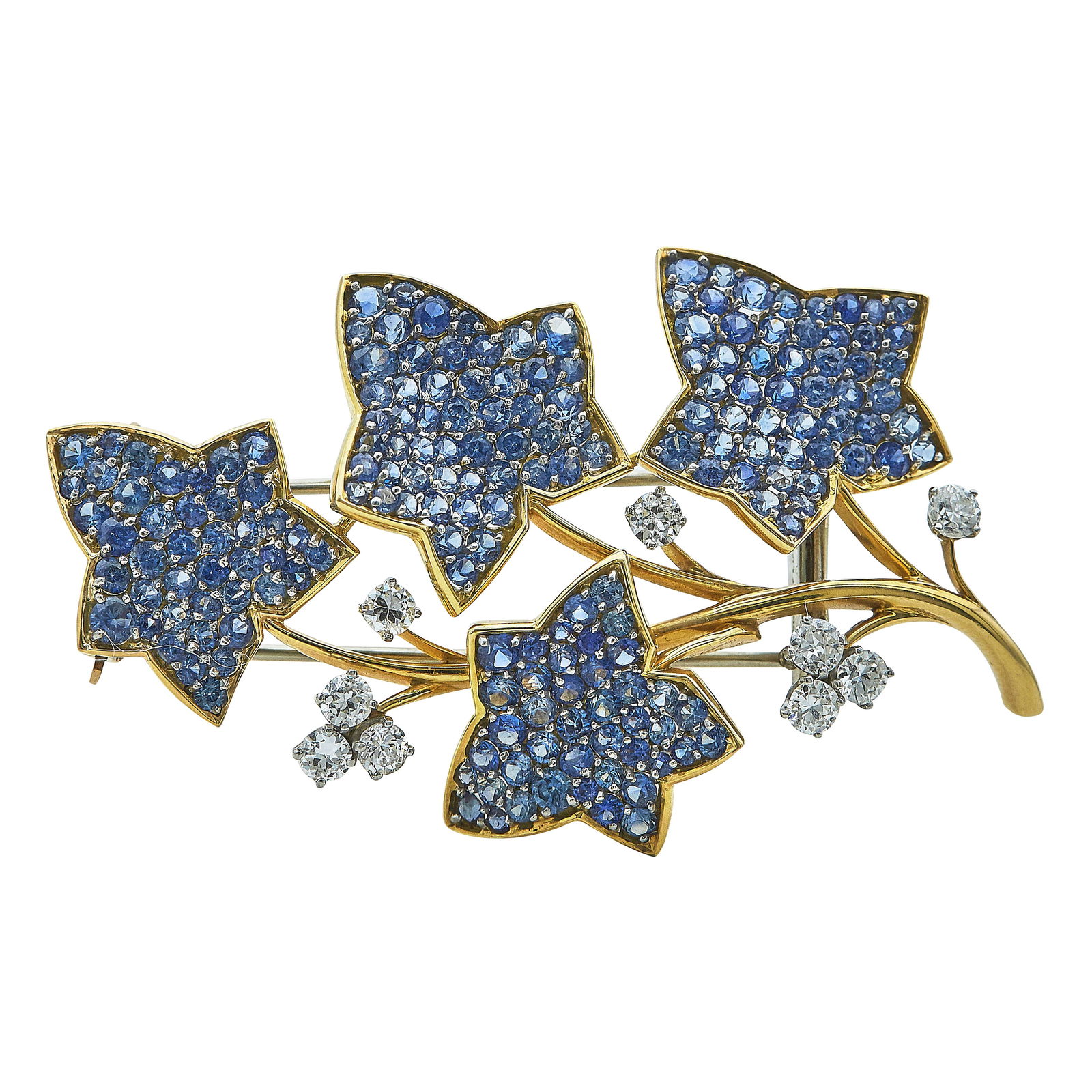 Retro Van Cleef & Arpels N.Y. 18K Yellow Gold and Platinum Sapphire and Diamond Leaf Spray Brooch: BRAND: VCA; METAL: 18K Yellow Gold/Platinum, 14K Yellow Gold/White Gold; APPROXIMATE TOTAL DIAMOND WEIGHT: 1.53 ctw; GEMSTONES: Sapphires measuring approx. 1.50mm to 3.00mm in diameter; STAMPED: VAN C