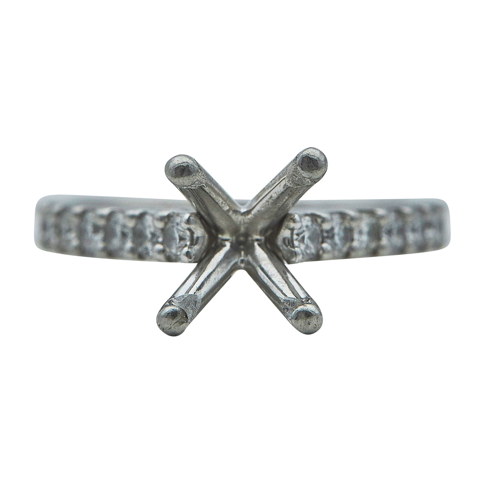 Platinum and Diamond Pave Engagement Ring Mounting: METAL: Platinum; APPROXIMATE TOTAL DIAMOND WEIGHT: 0.75 ctw; STAMPED: JA, PT950, personal engraving; CONDITION: Pre-owned, Very Good; ITEM WEIGHT (GRAMS): 5.5 g; MEASUREMENTS: Ring size 4.5; fits appr