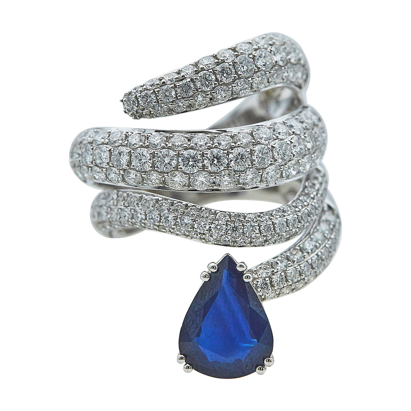 18K White Gold, Pear Cut Sapphire, and Diamond Pave Ring: METAL: 18K White Gold; APPROXIMATE TOTAL DIAMOND WEIGHT: 3 ctw; GEMSTONES: Sapphire; STAMPED: 18K; CONDITION: Pre-owned, Very Good; ITEM WEIGHT (GRAMS): 8.44 g; MEASUREMENTS: Ring size 5 1/2, Ring 1 i