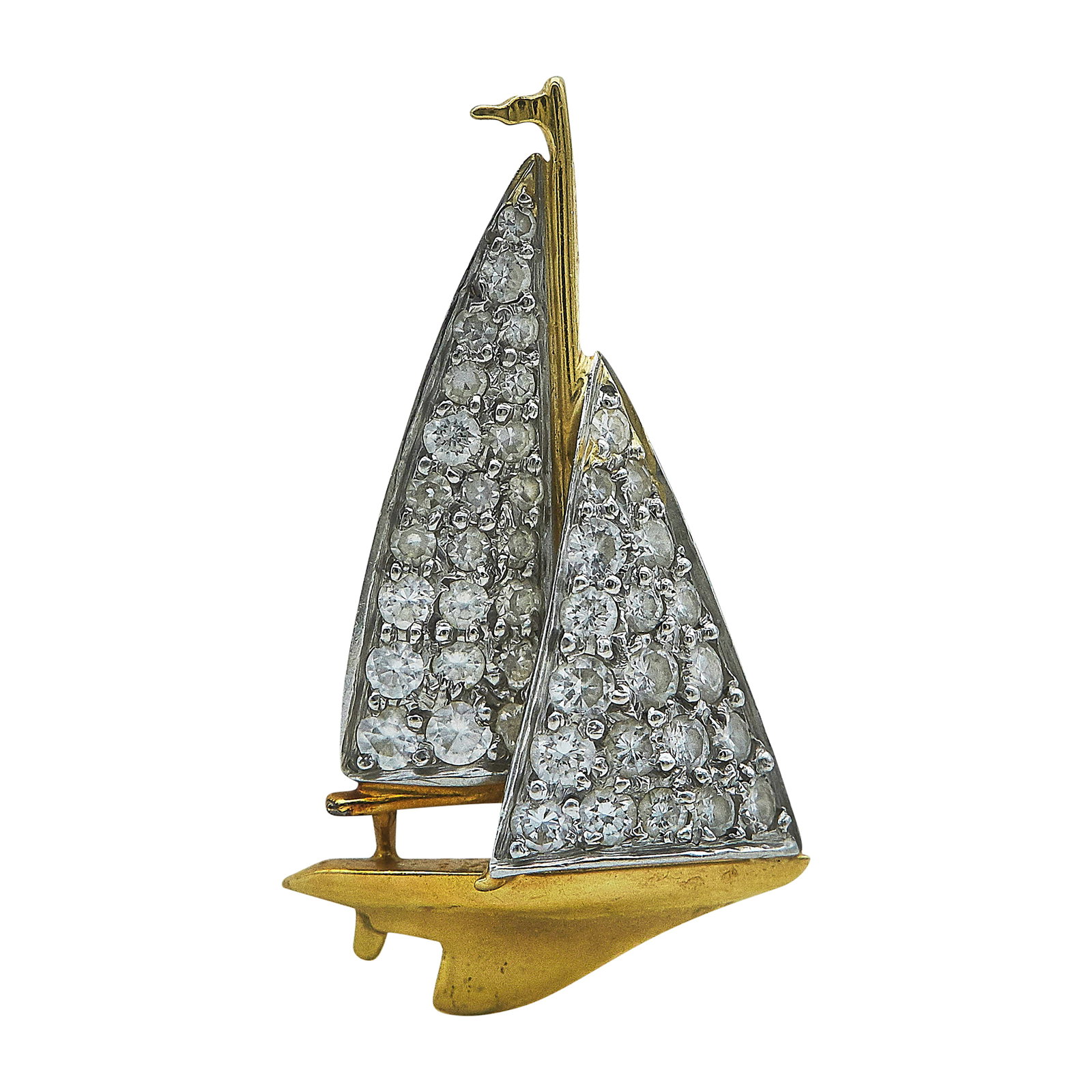 McTeigue 18K Yellow Gold, Platinum, and Diamond Sailboat Pendant: BRAND: McTeigue; METAL: 18K Yellow Gold/Platinum; APPROXIMATE TOTAL DIAMOND WEIGHT: 0.44 ctw; STAMPED: PLAT, 18K, Maker's mark, ©, numbered; CONDITION: Pre-owned, Very Good; ITEM WEIGHT (GRAMS): 2.32