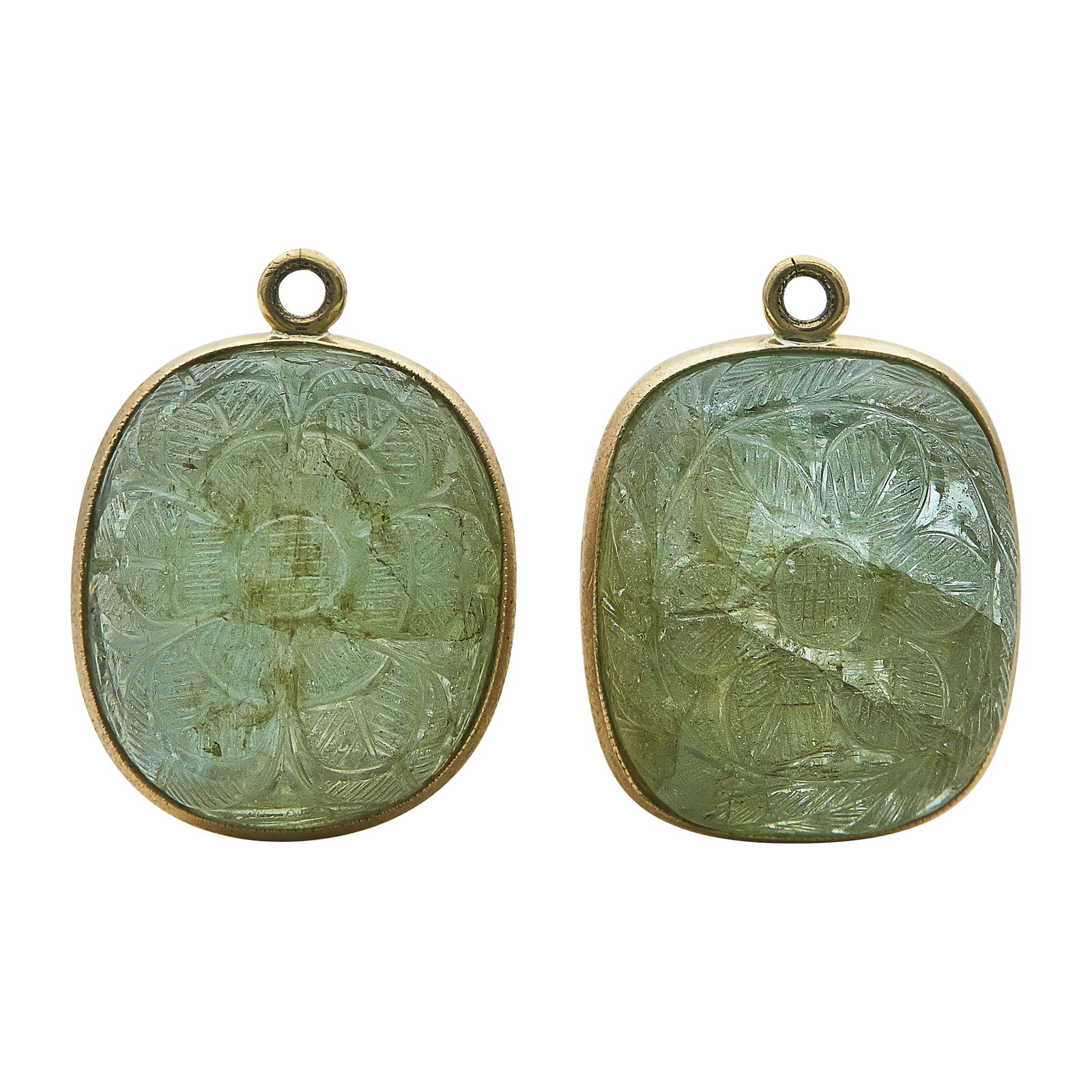 Two 14K Yellow Gold and Carved Emerald Pendants: METAL: 14K Yellow Gold; GEMSTONES: Both carved emeralds approx. 23mm x 20mm; TESTED: 14K Yellow Gold; CONDITION: Pre-owned, Good; ITEM WEIGHT (GRAMS): 27.7 g; MEASUREMENTS: Pendants each 1 3/11 inch l
