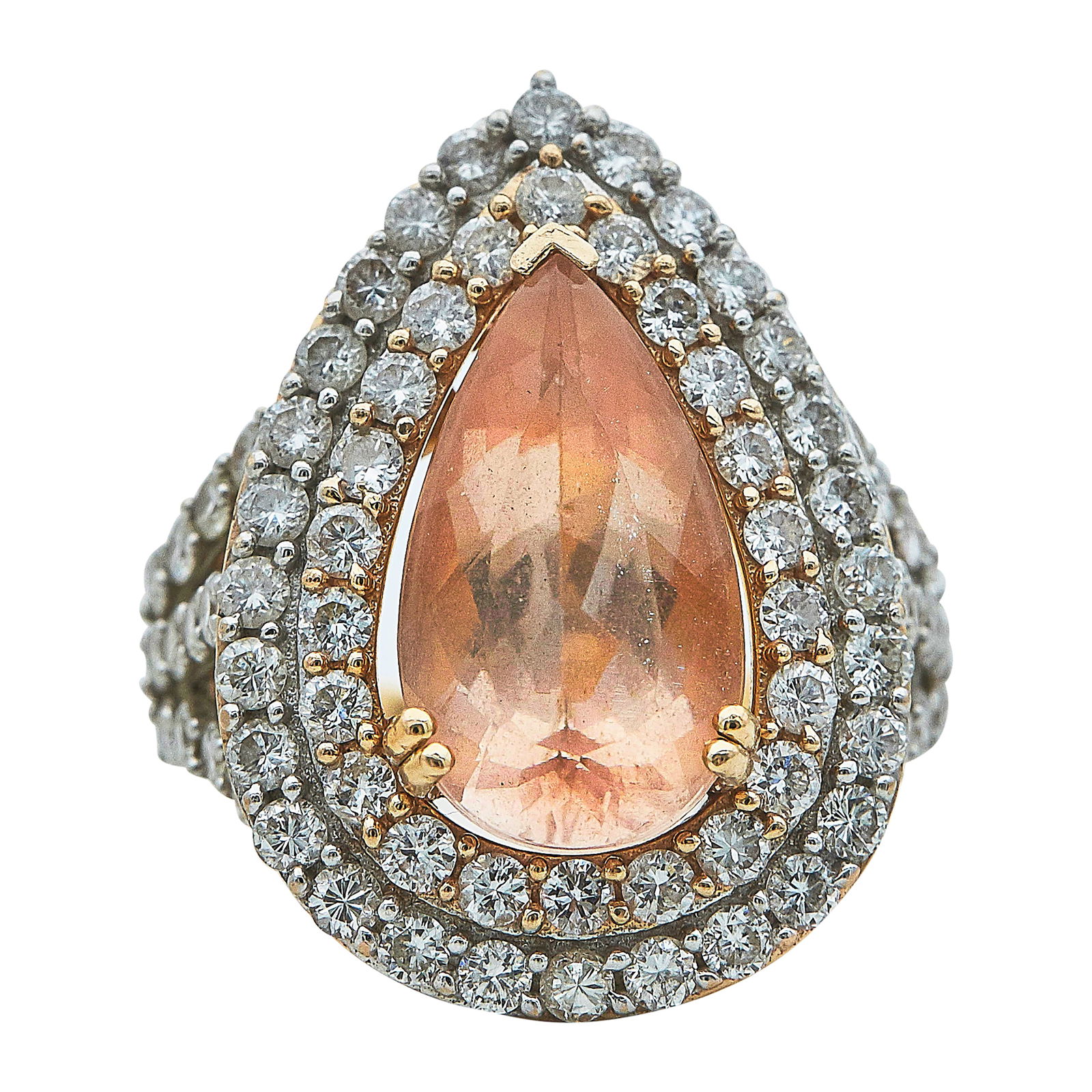 14K Rose Gold Morganite And Diamond Double Halo Ring: METAL: 14K Rose Gold; APPROXIMATE TOTAL DIAMOND WEIGHT: 3 ctw; GEMSTONES: One pear shaped morganite weighing approx. 4.50 carats; STAMPED: 14K, aG; CONDITION: Pre-owned, Good; ITEM WEIGHT (GRAMS): 8.1