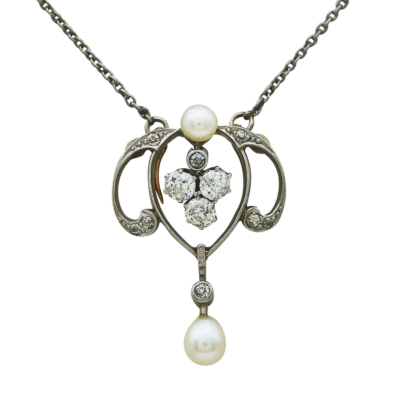 Edwardian Platinum Topped 14K Yellow Gold, Pearl, and Diamond Pendant Necklace: METAL: 14K Yellow Gold/Platinum; APPROXIMATE TOTAL DIAMOND WEIGHT: 0.64 ctw; TESTED: 14K Yellow Gold/Platinum; CONDITION: Pre-owned, Very Good; ITEM WEIGHT (GRAMS): 7.14 g; MEASUREMENTS: Chain 20 1/4
