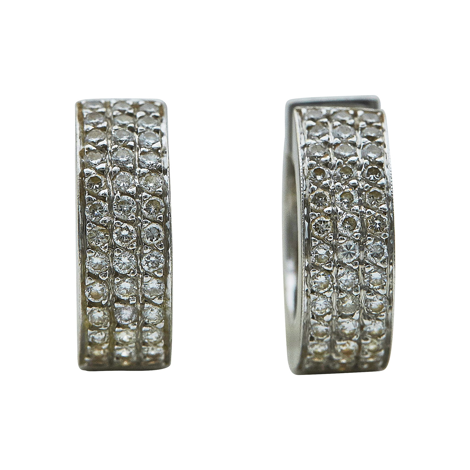 18K White Gold and Diamond Pave Huggie Hoop Earrings: METAL: 18K White Gold; APPROXIMATE TOTAL DIAMOND WEIGHT: 1.17 ctw; STAMPED: 750; CONDITION: Pre-owned, Very Good; ITEM WEIGHT (GRAMS): 8.7 g; MEASUREMENTS: Earrings 5/8 inch long x 3/16 inch wide