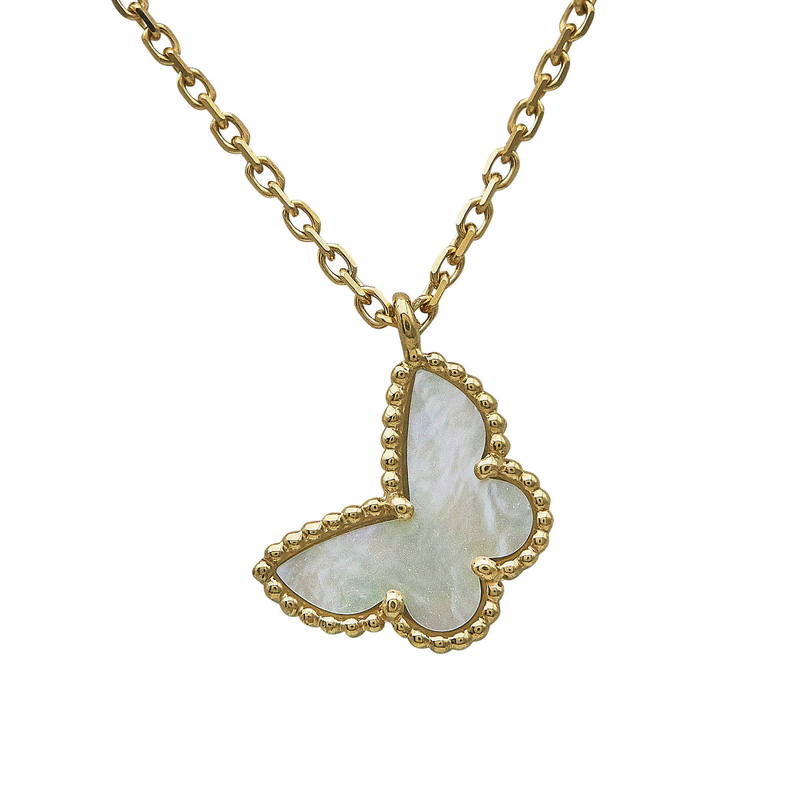 Van Cleef & Arpels Sweet Alhambra 18K Yellow Gold Mother Of Pearl Butterfly Necklace: BRAND: VCA; COLLECTION: Alhambra (Sweet); METAL: 18K Yellow Gold; GEMSTONES: Mother of Pearl; STAMPED: VCA, Au750, serial number; CONDITION: Pre-owned, Very Good; ITEM WEIGHT (GRAMS): 2.93 g; MEASUREM