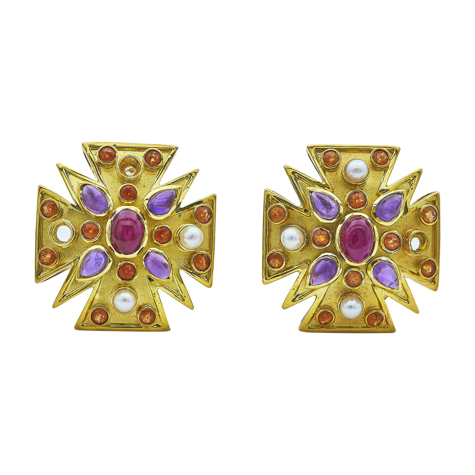 18K Yellow Gold, Ruby, Amethyst, Citrine and Pearl Maltese Cross Earrings: METAL: 18K Yellow Gold; GEMSTONES: Pearl, Ruby, Amethyt, Citrine; STAMPED: 18K; CONDITION: Pre-owned, Good; ITEM WEIGHT (GRAMS): 22.2 g; MEASUREMENTS: Earrings 1 1/8 inch long x 1 1/16 inch wide; ADDI