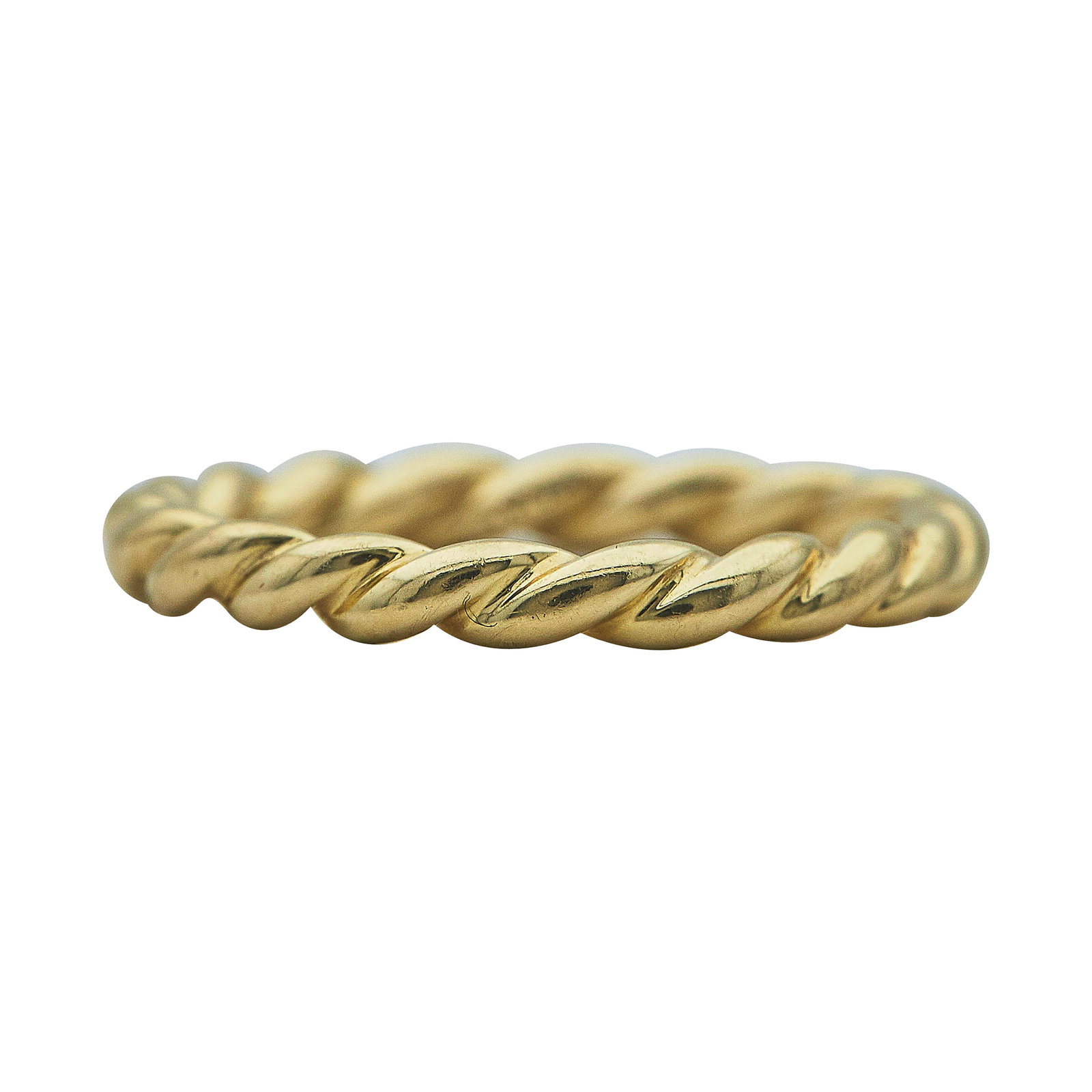 David Yurman 18K Yellow Gold 2.7 mm Petite Cable Twist Band Ring: BRAND: David Yurman; COLLECTION: Cable; METAL: 18K Yellow Gold; STAMPED: DY, 750; CONDITION: Pre-owned, Very Good; ITEM WEIGHT (GRAMS): 3.7 g; MEASUREMENTS: Ring size 7; ADDITIONAL COMMENTS: Item come