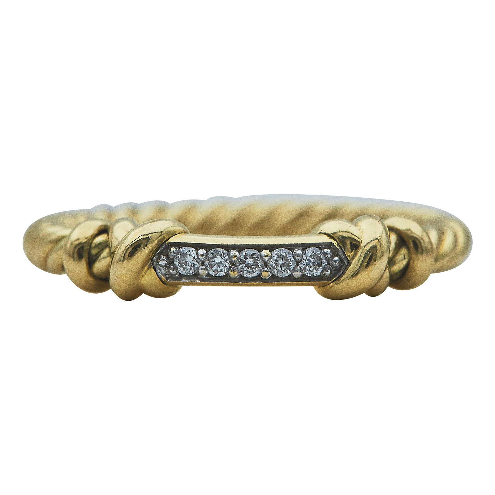 David Yurman Petite Helena 18K Yellow Gold And Diamond Wrap Band Ring: BRAND: David Yurman; METAL: 18K Yellow Gold; APPROXIMATE TOTAL DIAMOND WEIGHT: 0.05 ctw; STAMPED: DY 750, M; CONDITION: Pre-owned, Very Good; ITEM WEIGHT (GRAMS): 2.6 g; MEASUREMENTS: Ring size 7; ADD