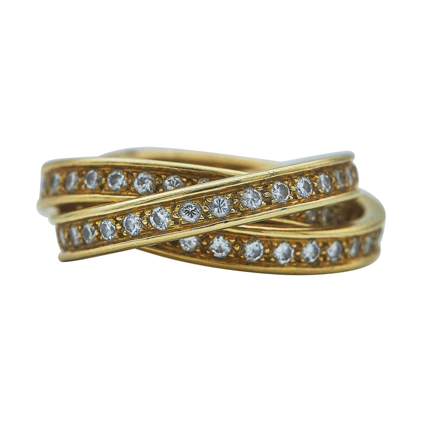 Cartier Trinity 18K Yellow Gold And Diamond Ring: BRAND: Cartier; COLLECTION: Trinity; METAL: 18K Yellow Gold; APPROXIMATE TOTAL DIAMOND WEIGHT: 1.40 ctw; STAMPED: Cartier, 750, 51, makers mark, assay mark, serial number; CONDITION: Pre-owned, Very G
