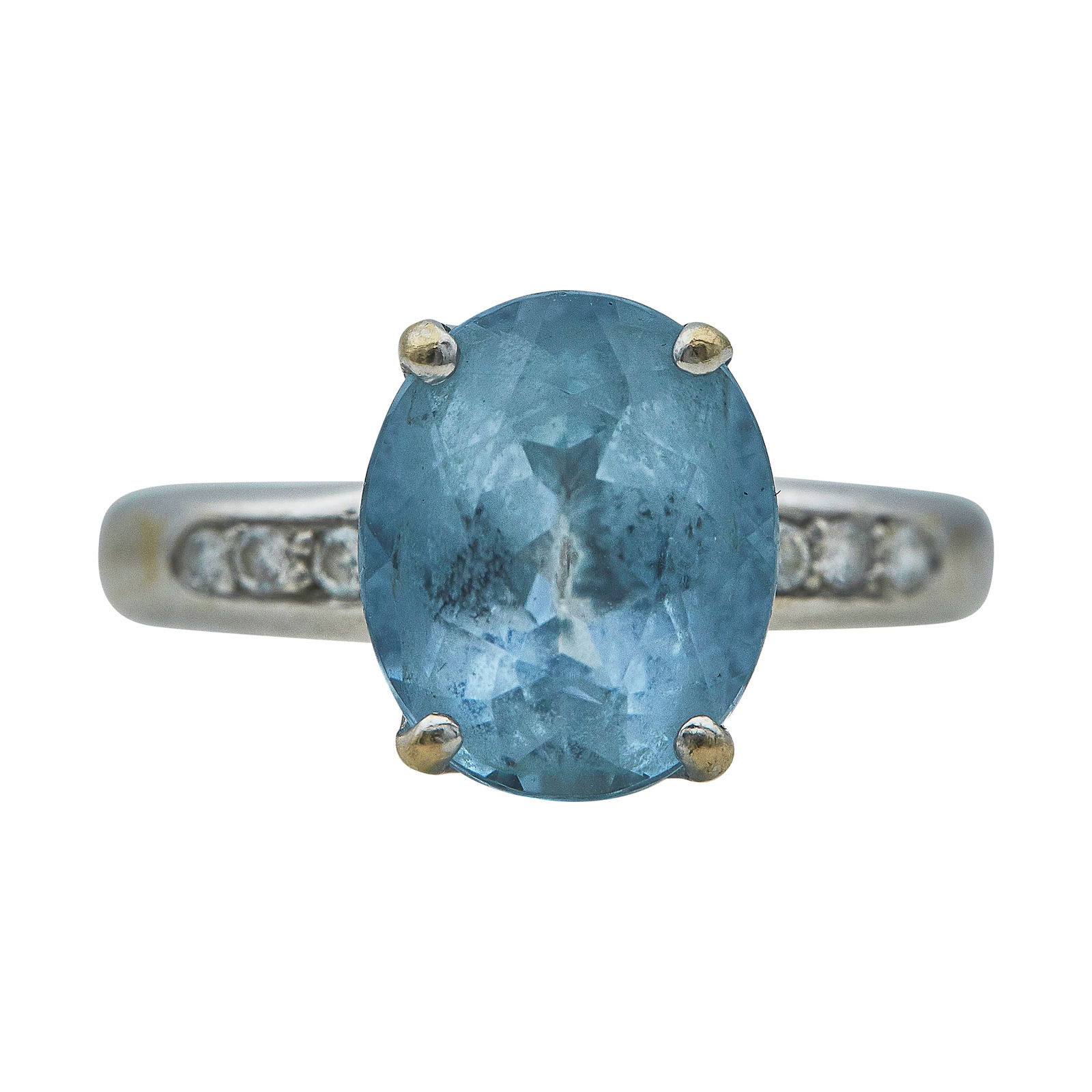 H. Stern 18K White Gold Aquamarine And Diamond Ring: BRAND: H. Stern; METAL: 18K White Gold; APPROXIMATE TOTAL DIAMOND WEIGHT: 0.12 ctw; GEMSTONES: Aquamarine weighing approx. 3.61 carats; STAMPED: 3, 750, maker's mark, C, ? ? ?; CONDITION: Pre-owned, V