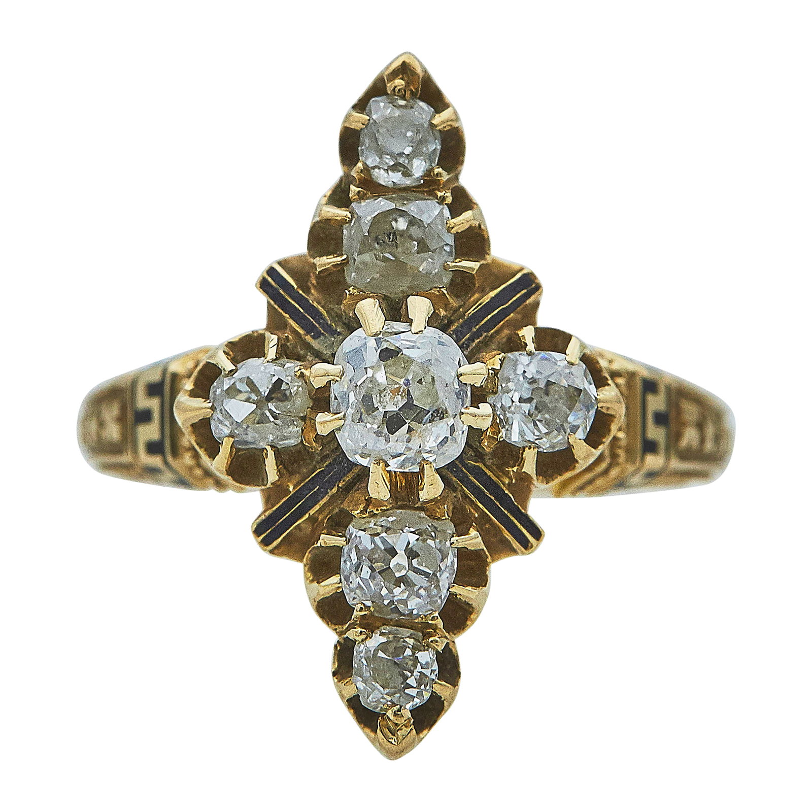 Antique Victorian 18K Yellow Gold, Diamond, and Enamel Ring: METAL: 18K Yellow Gold; APPROXIMATE TOTAL DIAMOND WEIGHT: 0.69 ctw; TESTED: 18K Yellow Gold; CONDITION: Pre-owned, Very Good; ITEM WEIGHT (GRAMS): 5.15 g; MEASUREMENTS: Ring size 6, Center 3/4 inch lo