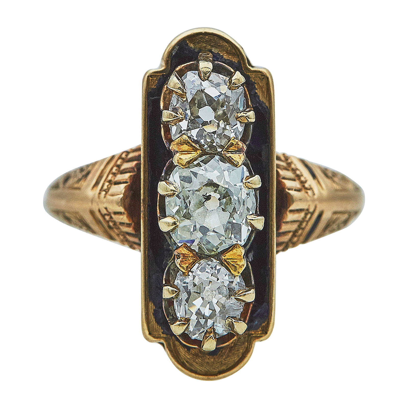 Antique 14K Yellow Gold, Old Mine Cut Diamond and Enamel Ring: METAL: 14K Yellow Gold; APPROXIMATE TOTAL DIAMOND WEIGHT: 1.50 ctw; GEMSTONES: Losses to enamel; TESTED: 14K Yellow Gold; CONDITION: Pre-owned, Fair; ITEM WEIGHT (GRAMS): 6.4 g; MEASUREMENTS: Ring siz