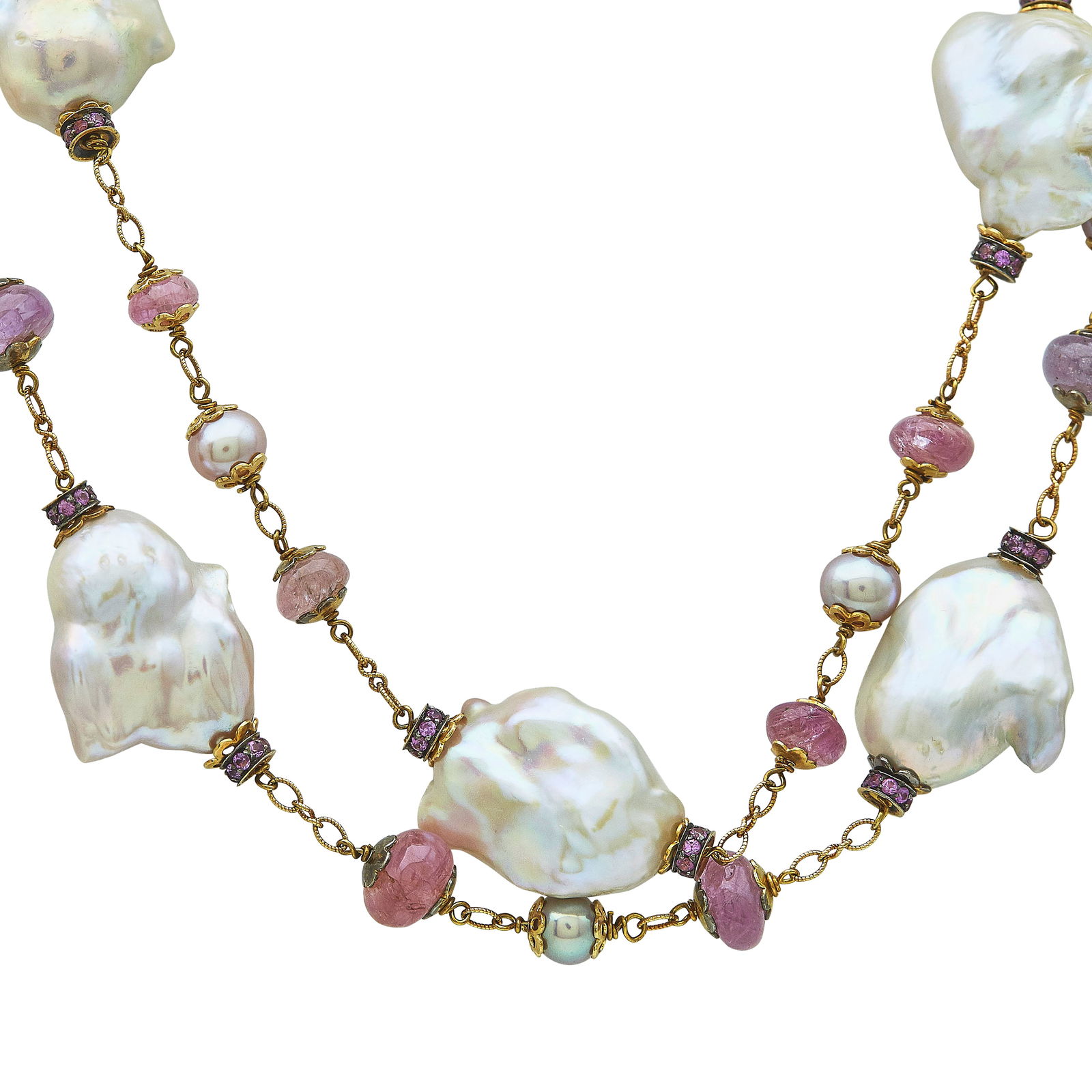 18K Yellow Gold Pearl, and Pink Sapphire Necklace: METAL: 18K Yellow Gold; GEMSTONES: Pearl, Pink Sapphire; STAMPED: 750; CONDITION: Pre-owned, Good; ITEM WEIGHT (GRAMS): 116.5 g; MEASUREMENTS: Necklace 40 inches long