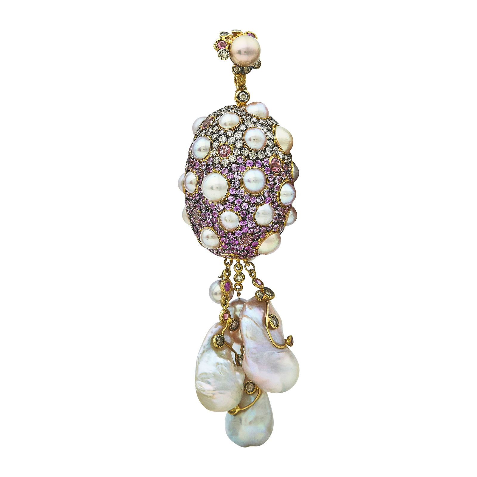 18K Yellow Gold, Pearl, Pink Sapphire, and Diamond Pendant: METAL: 18K Yellow Gold; APPROXIMATE TOTAL DIAMOND WEIGHT: 3 ctw; GEMSTONES: Pearl, Pink Sapphire; STAMPED: 750, Italian workshop mark; CONDITION: Pre-owned, Good; ITEM WEIGHT (GRAMS): 70.9 g; MEASUREM