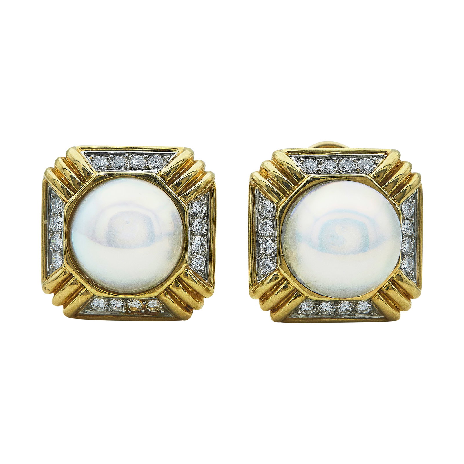18K Yellow and White Gold Pearl and Diamond Earrings: METAL: 18K Yellow Gold/White Gold; APPROXIMATE TOTAL DIAMOND WEIGHT: 0.96 ctw; GEMSTONES: Pearls approx. 14mm in diameter; STAMPED: 18K, Maker's mark; CONDITION: Pre-owned, Very Good; ITEM WEIGHT (GRA