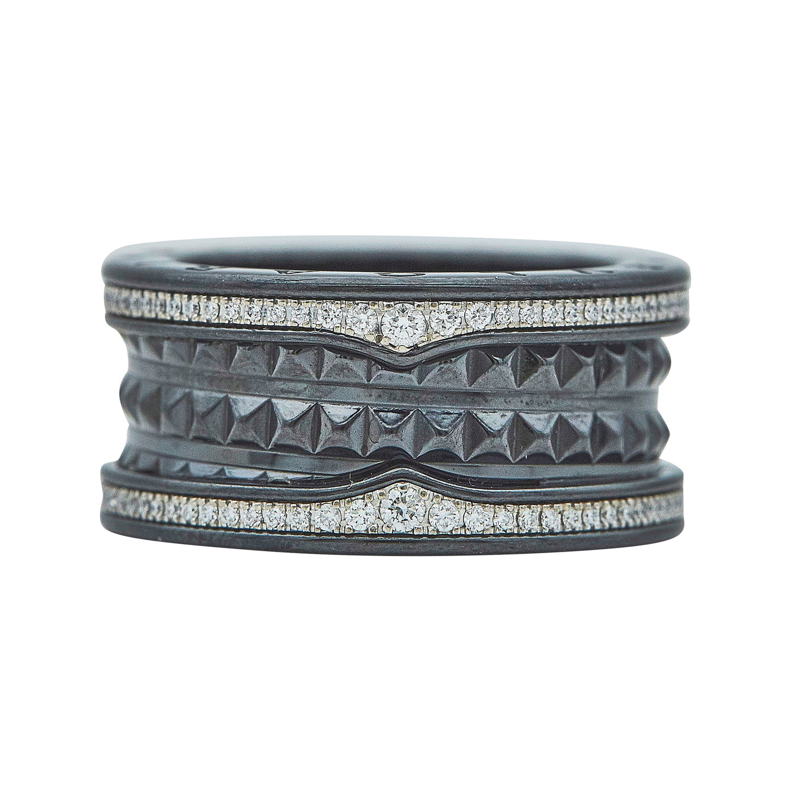 BVLGARI Bulgari B.zero1 Black Ceramic And Diamond Band Ring: BRAND: Bulgari; COLLECTION: B.zero1; METAL: 18K White Gold, Ceramic; APPROXIMATE TOTAL DIAMOND WEIGHT: 0.50 ctw; STAMPED: Au750, 58, makers mark, MADE IN ITALY, serial number, BVLGARI; CONDITION: Pre-