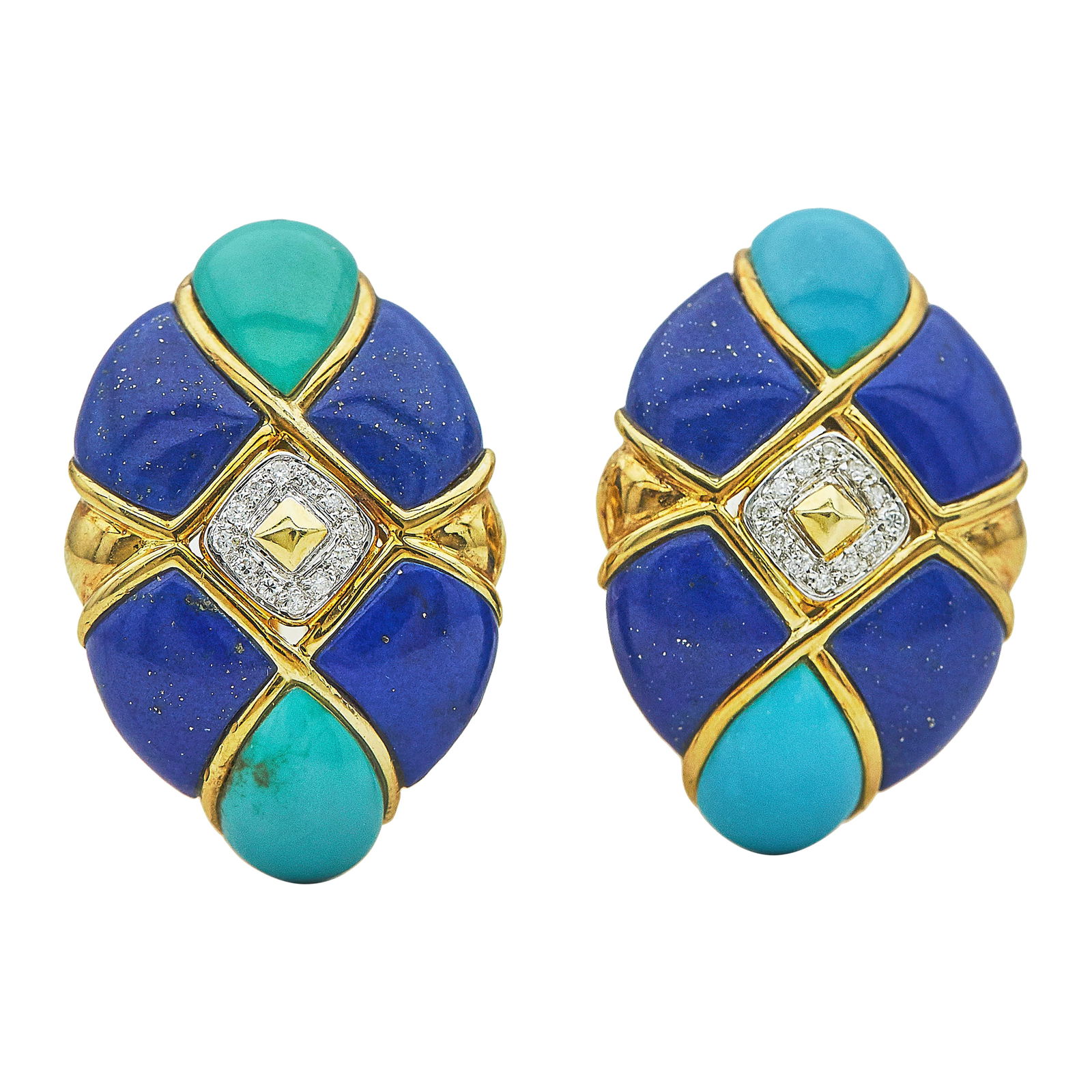 18K Yellow Gold Turquoise, Lapis and Diamond Earrings: METAL: 18K Yellow Gold; APPROXIMATE TOTAL DIAMOND WEIGHT: 0.06 ctw; GEMSTONES: Turquoise, Lapis; STAMPED: 750; CONDITION: Pre-owned, Very Good; ITEM WEIGHT (GRAMS): 21.6 g; MEASUREMENTS: Earrings 1 1/