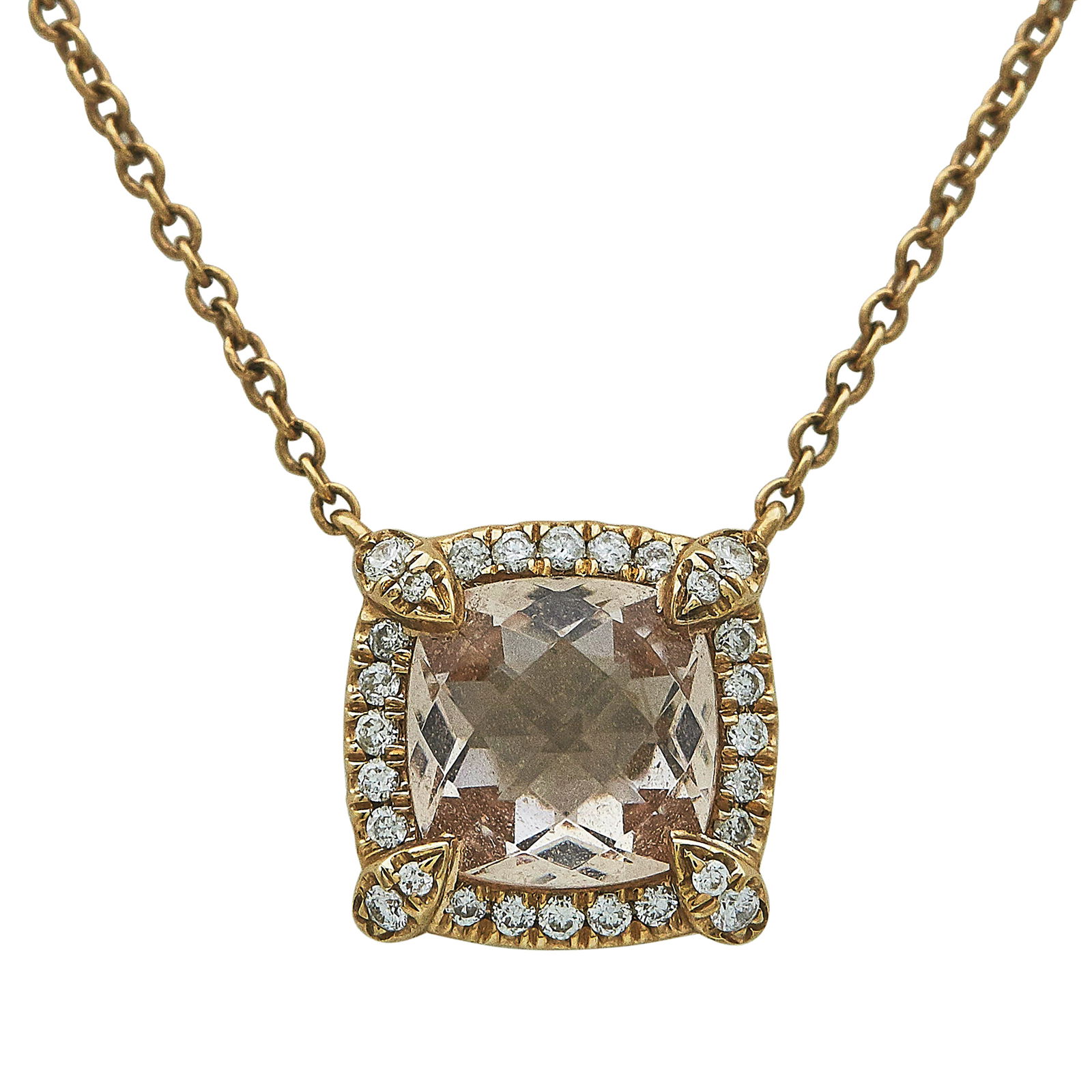 David Yurman Petite Chatelaine 18K Rose Gold Morganite And Diamond Halo Necklace: BRAND: David Yurman; COLLECTION: Chatelaine; METAL: 18K Rose Gold; APPROXIMATE TOTAL DIAMOND WEIGHT: 0.11 ctw; GEMSTONES: Morganite weighing 1.35 carats; STAMPED: 750, DY, SJ; CONDITION: Pre-owned, Ve