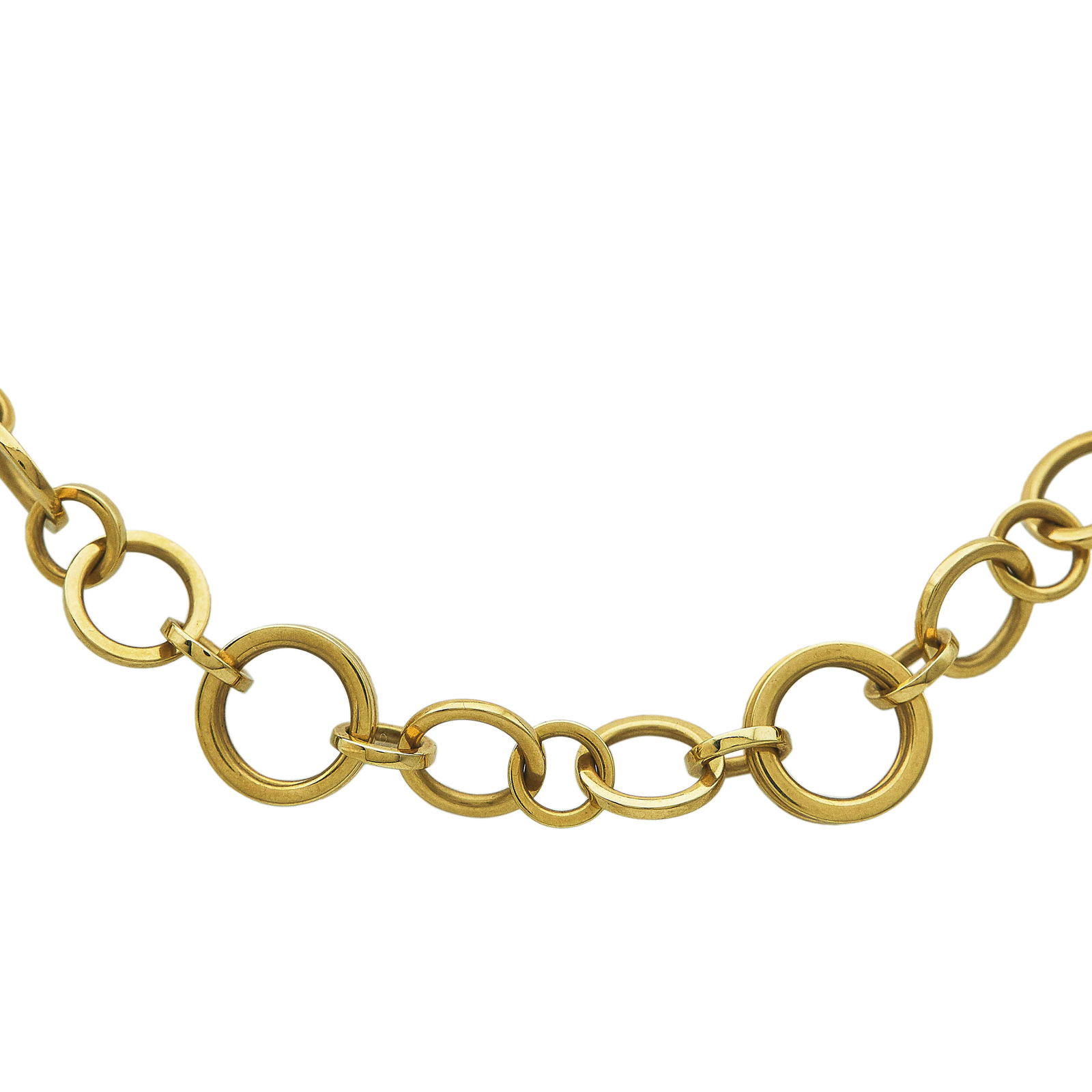 Tiffany & Co. 18K Yellow Gold Alternating Size Circle Link Necklace: BRAND: Tiffany & Co.; METAL: 18K Yellow Gold; STAMPED: © TIFFANY & CO, 750, ITALY; CONDITION: Pre-owned, Very Good; ITEM WEIGHT (GRAMS): 38.65 g; MEASUREMENTS: Necklace measures approx. 16 inches in