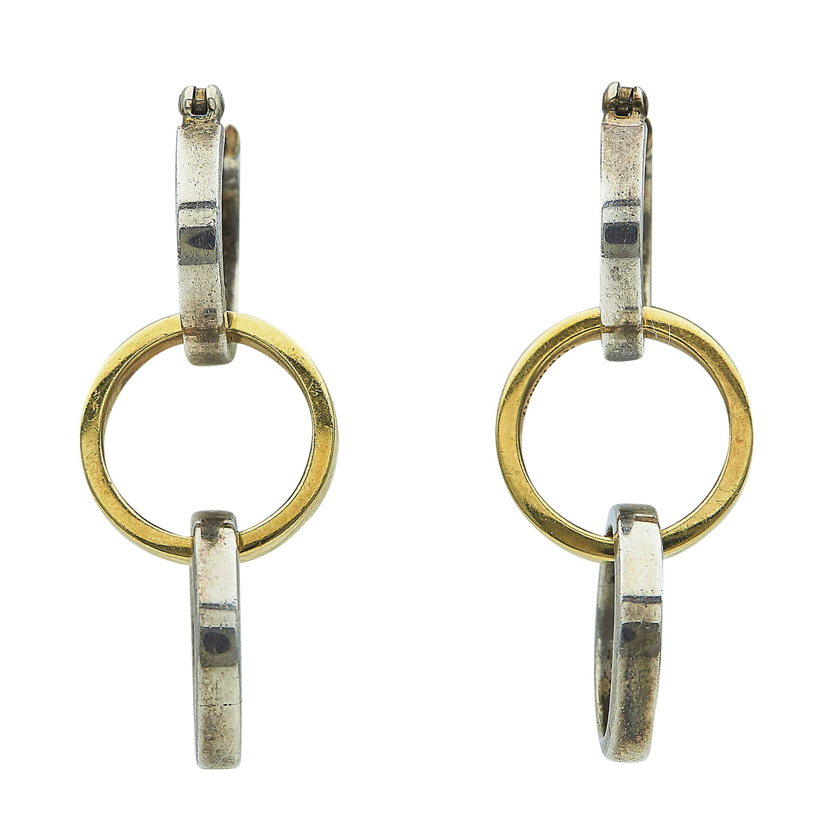 Tiffany & Co. Paloma Picasso 18K Yellow Gold And Sterling Silver Interlocking Circle Drop Earrings: BRAND: Tiffany & Co.; METAL: 18K Yellow Gold, Sterling Silver; STAMPED: ©Paloma Picasso, TIFFANY & CO 925, TIFFANY & CO, AU750; CONDITION: Pre-owned, Good; ITEM WEIGHT (GRAMS): 9.5 g; MEASUREMENTS: E