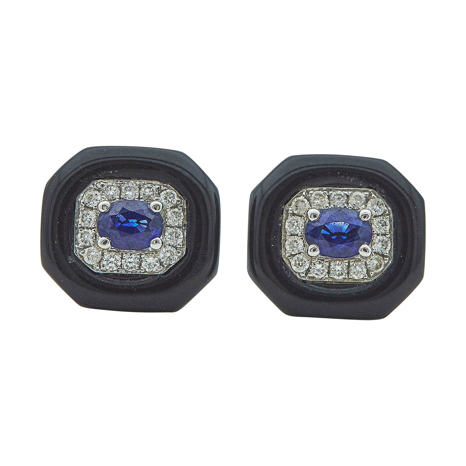 Nikos Koulis 18K White Gold Sapphire, Diamond, And Black Onyx Halo Earrings: METAL: 18K White Gold; APPROXIMATE TOTAL DIAMOND WEIGHT: 0.25 ctw; GEMSTONES: Sapphires weighing approx. 0.60 carats total weight; onyx inlays; STAMPED: maker's mark, 750; CONDITION: Pre-owned, Very G