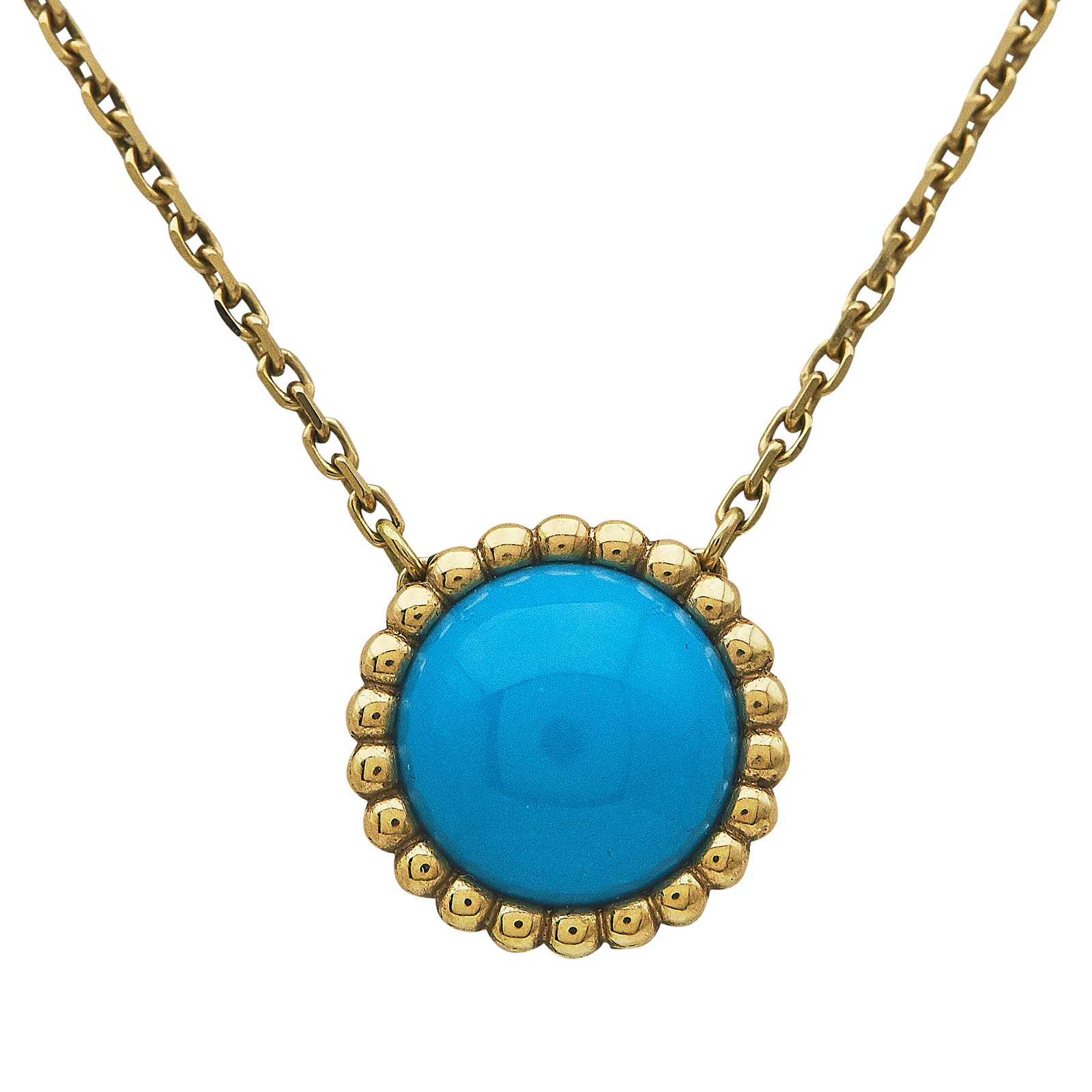 Van Cleef & Arpels Perlée 18K Yellow Gold Turquoise Pendant Necklace: BRAND: VCA; COLLECTION: Perlée; METAL: 18K Yellow Gold; GEMSTONES: Turquoise; STAMPED: VCA, Au750, numbered, maker's mark, assay mark; CONDITION: Pre-owned, Very Good; ITEM WEIGHT (GRAMS): 7.15 g; ME
